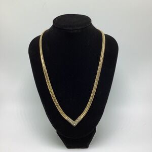 Vtg Gold Tone Chevron Herringbone V Shaped Chain Necklace w/ Clear Rhinestones